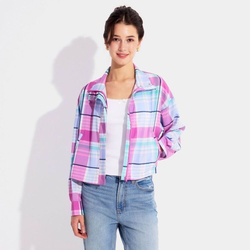 Women's Mock Neck Zip Jacket - Wild Fable Pink/Blue Plaid M